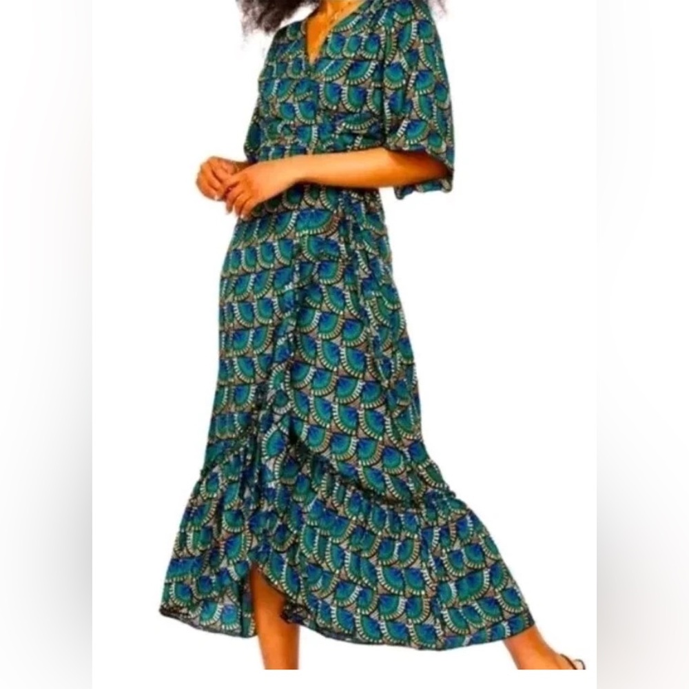 NWT Silk & Salt Black Blue Tan Green Patterned Wrap Ruffle Dress Large